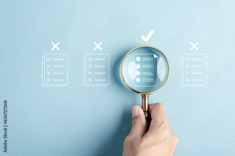 Fototapete Quality Certificate and Checklist document inspecting target marketing planning assignment with quality management. Standardization, certification. Compliance to regulations service and standards.