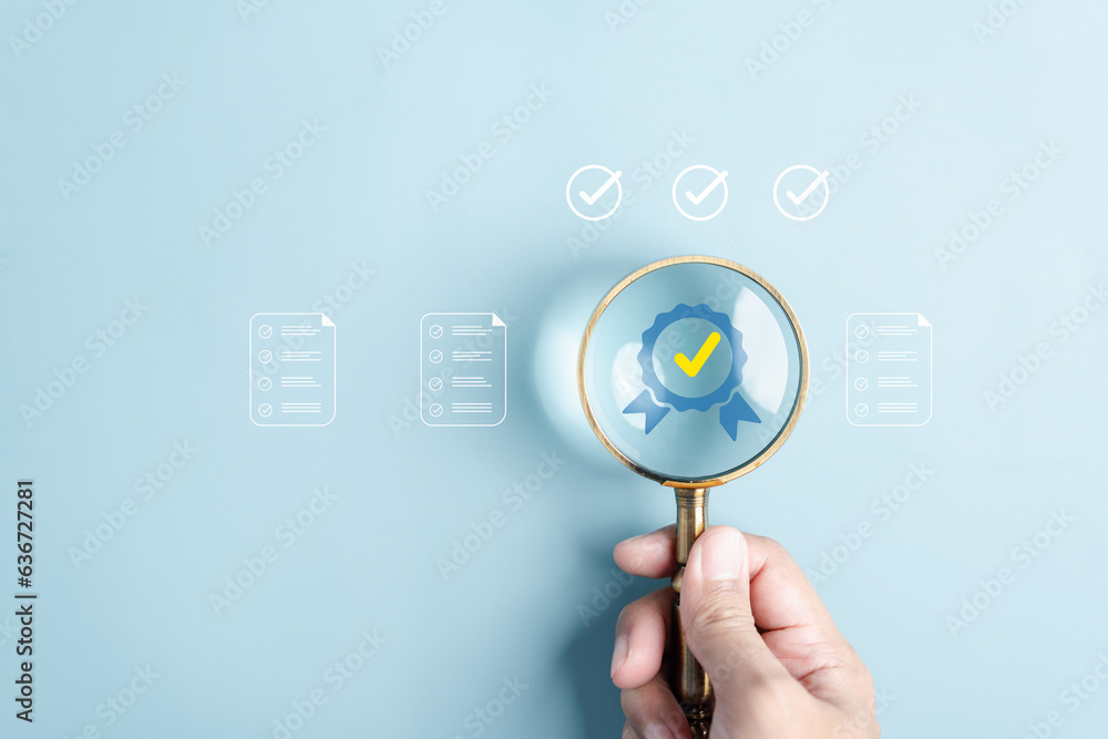 Aufkleber Quality Certificate and Checklist document inspecting target marketing planning assignment with quality management. Standardization, certification. Compliance to regulations service and standards.
