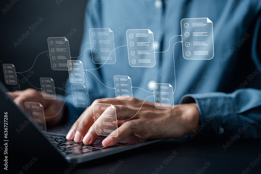 Poster Online Inspector Document Node Planning and digital form checklist by laptop computer, Document Management Checking System, online documentation database and process manage file on networking big data