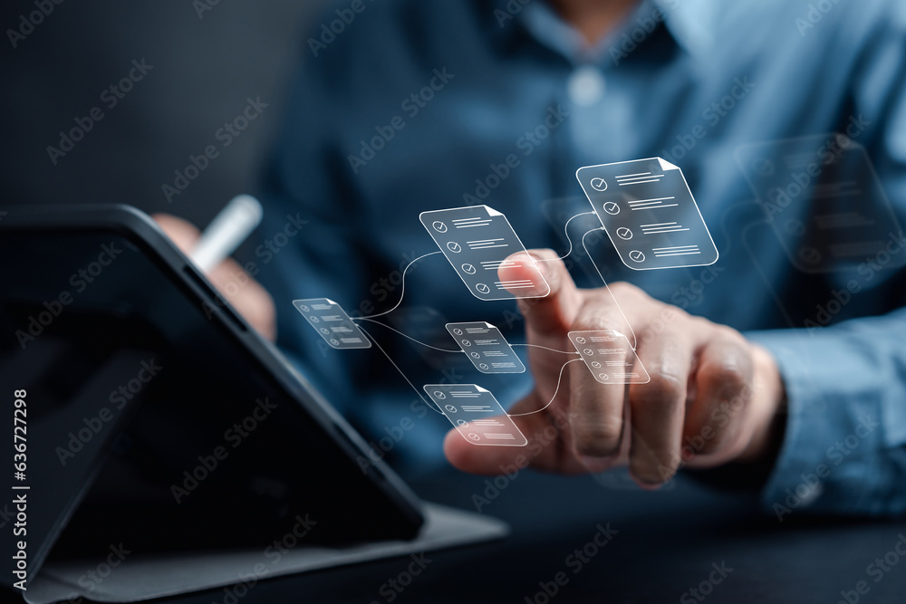 Poster Online Inspector Document Node Planning and digital form checklist by laptop computer, Document Management Checking System, online documentation database and process manage file on networking big data