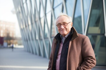 Fototapeta premium Portrait of a smiling senior man standing in front of a modern building