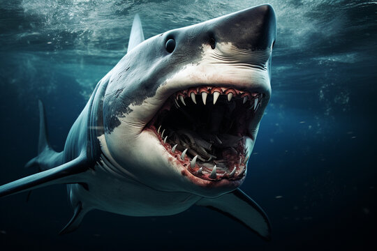 terrible shark in the sea sacry ,  ,cute , trendy, 3d rendering, AI generative 