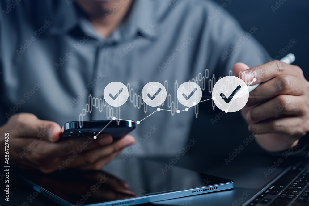Aufkleber Checklist Quality Target Objective management with chart graph stock investment. Standardization, certification. Compliance to regulations service and standards.