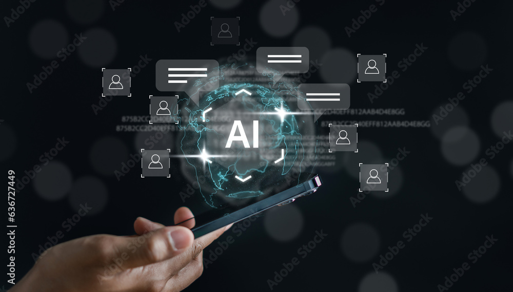Aufkleber Businessman using ai technology. chat bot with AI Artificial Intelligence generate. Futuristic technology, robot in online system. Business in future to invest and develop corporate concept.