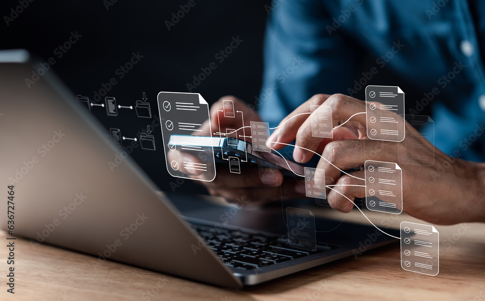Leinwandbilder Online Inspector Document Node Planning and digital form checklist by laptop computer, Document Management Checking System, online documentation database and process manage file on networking big data