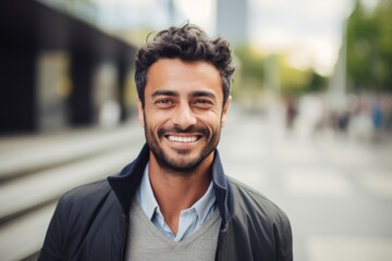 Fototapeta premium Portrait of a handsome young man in urban background. Handsome man smiling and looking at camera.