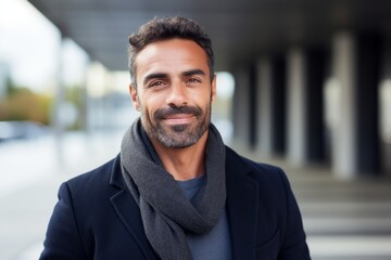 Fototapeta premium Portrait of handsome man in coat and scarf smiling at camera outdoors
