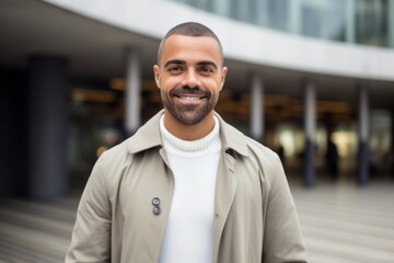 Naklejka premium portrait of smiling african american man in beige coat