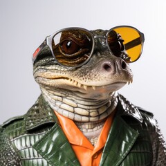close-up of Alligator with sunglasses on white background