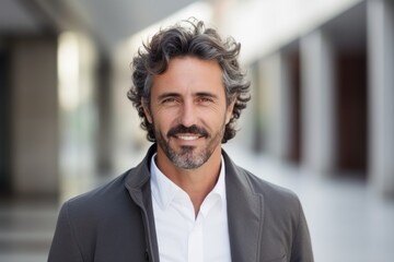 Fototapeta premium Portrait of handsome mature businessman smiling at camera in corridor of office