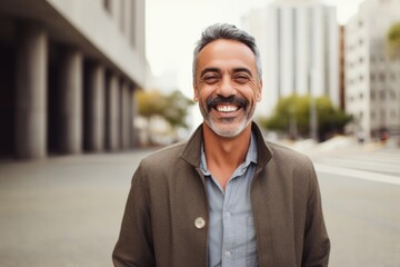 Obraz premium Portrait of handsome middle-aged man with beard and mustache smiling outdoors