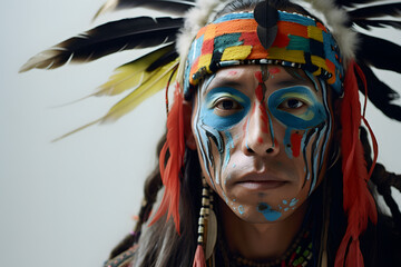 Portrait of a Native American man with intricate face paint