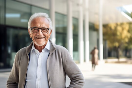 Medium shot portrait of a Brazilian man in his 80s in a modern architectural background wearing a chic cardigan