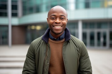 Fototapeta premium Portrait of young african american man smiling at camera outdoors