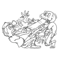 coloring illustration of cartoon skateboarder fighting the zombie