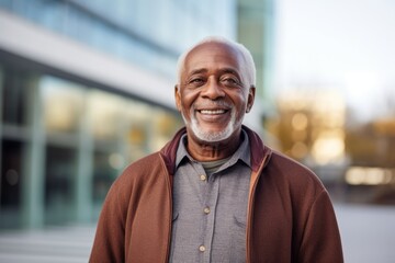 Naklejka premium Portrait of smiling senior man standing in front of the office building