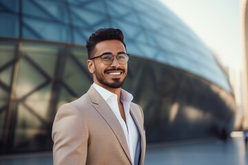 Cheerful young Indian businessman in eyeglasses looking at camera while standing outdoors
