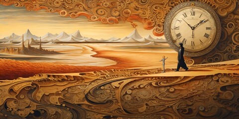 sand of time, surrealistic landscape illustration of a desert with a crazy clockwork