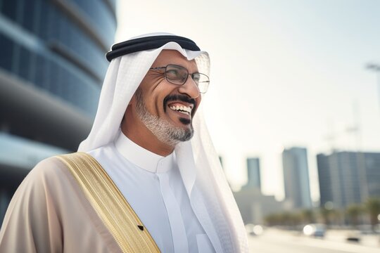 Portrait of a smiling arabic man with traditional clothes outdoors