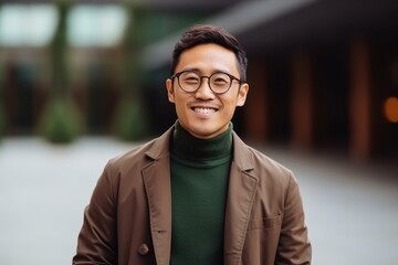 Obraz premium happy asian man in beige coat and eyeglasses looking at camera