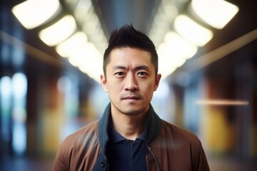Fototapeta premium Portrait of a young asian man looking at camera in corridor