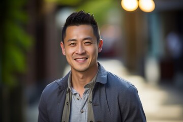 Fototapeta premium Portrait of a handsome asian man smiling at the camera outdoors
