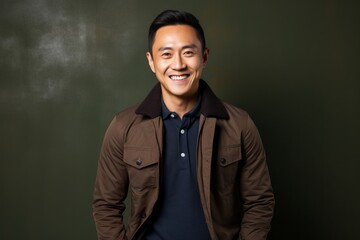 Obraz premium Portrait of a smiling young asian man standing against chalkboard