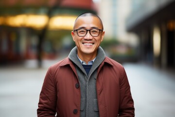 portrait of happy asian man in coat and eyeglasses