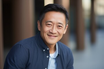 Obraz premium Smiling asian man looking at camera with happy expression. Portrait of middle-aged Asian man.