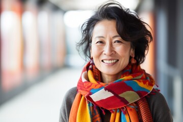 Portrait of a smiling mature woman with colorful scarf in the city