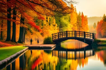 Poster autumn landscape with bridge © Image Studio