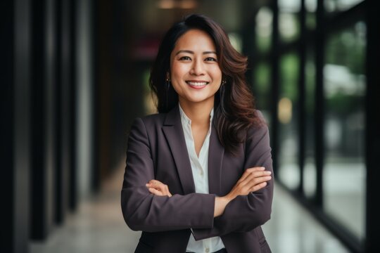 Lifestyle portrait of a Indonesian woman in her 30s in an abstract background wearing a classic blazer