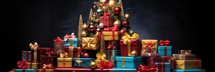 Big stack of colorful Christmas presents   christmas gift boxes 