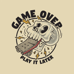 retro cartoon head of skull bitting skateboard