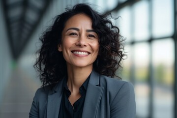 Fototapeta premium Portrait of a smiling businesswoman standing in office lobby and looking at camera
