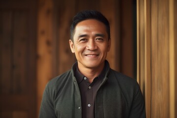 Obraz premium Portrait of a smiling asian man standing in front of a door