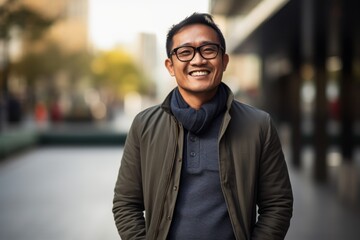 Portrait of a happy asian man with eyeglasses in the city