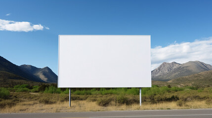 Blank billboard sign mock up template near the road. Forest and mountains nature landscape. Ad panel on road.