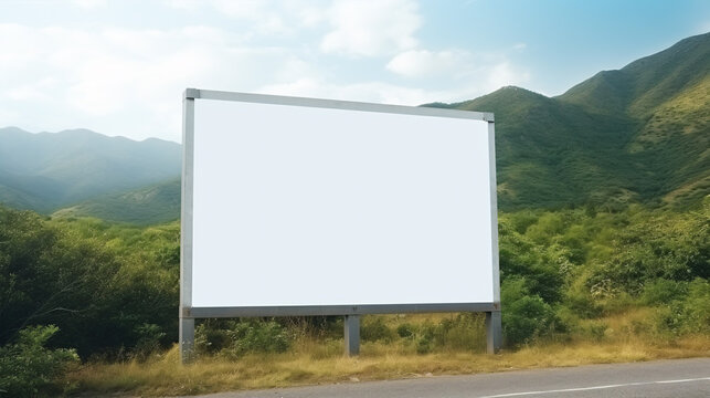 Blank billboard sign mock up template near the road. Forest and mountains nature landscape. Ad panel on road.