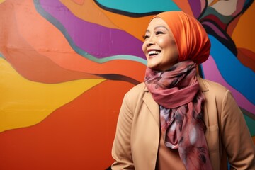 Portrait of a smiling young muslim woman wearing hijab against graffiti background
