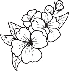 Outline print with blossoms primula flower, primrose bouquet leaves, and buds, primrose flower tattoo drawing.
primrose flowers illustration coloring page for kids