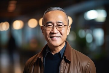 Obraz premium Portrait of smiling asian senior man in brown jacket and eyeglasses