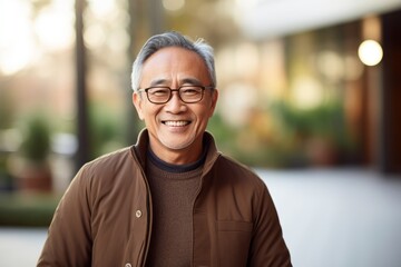 Portrait of happy senior man in eyeglasses smiling and looking at camera