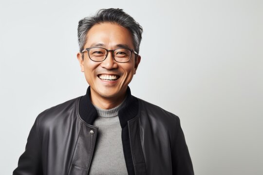 Portrait of a happy asian man in black leather jacket and glasses