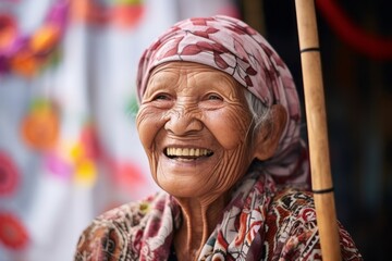 Obraz premium Old asian woman wearing traditional clothes and smiling at the camera.