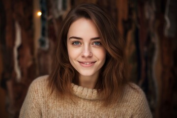 Naklejka premium Portrait of a beautiful young woman in a sweater on a wooden background
