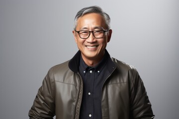 Obraz premium Portrait of happy asian senior man in leather jacket and glasses