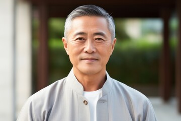 Portrait of happy asian senior man looking at camera at home