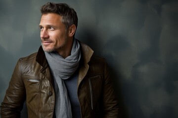 Portrait of a handsome man in a leather jacket and scarf.