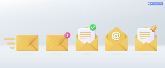 3d Yellow mail envelope icon set symbol. Render email notification with letters, check mark, paper plane icons. communication concept. 3D vector isolated illustration, Cartoon pastel Minimal style. - obrazy, fototapety, plakaty